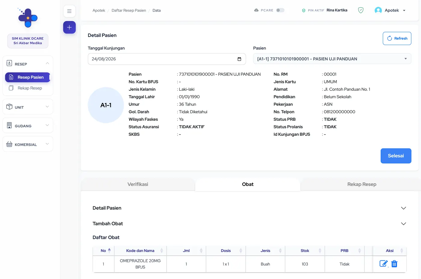 Form Verifikasi Resep dengan pasien terpilih; tab Verifikasi, Obat, dan Rekap Resep beserta daftar obat