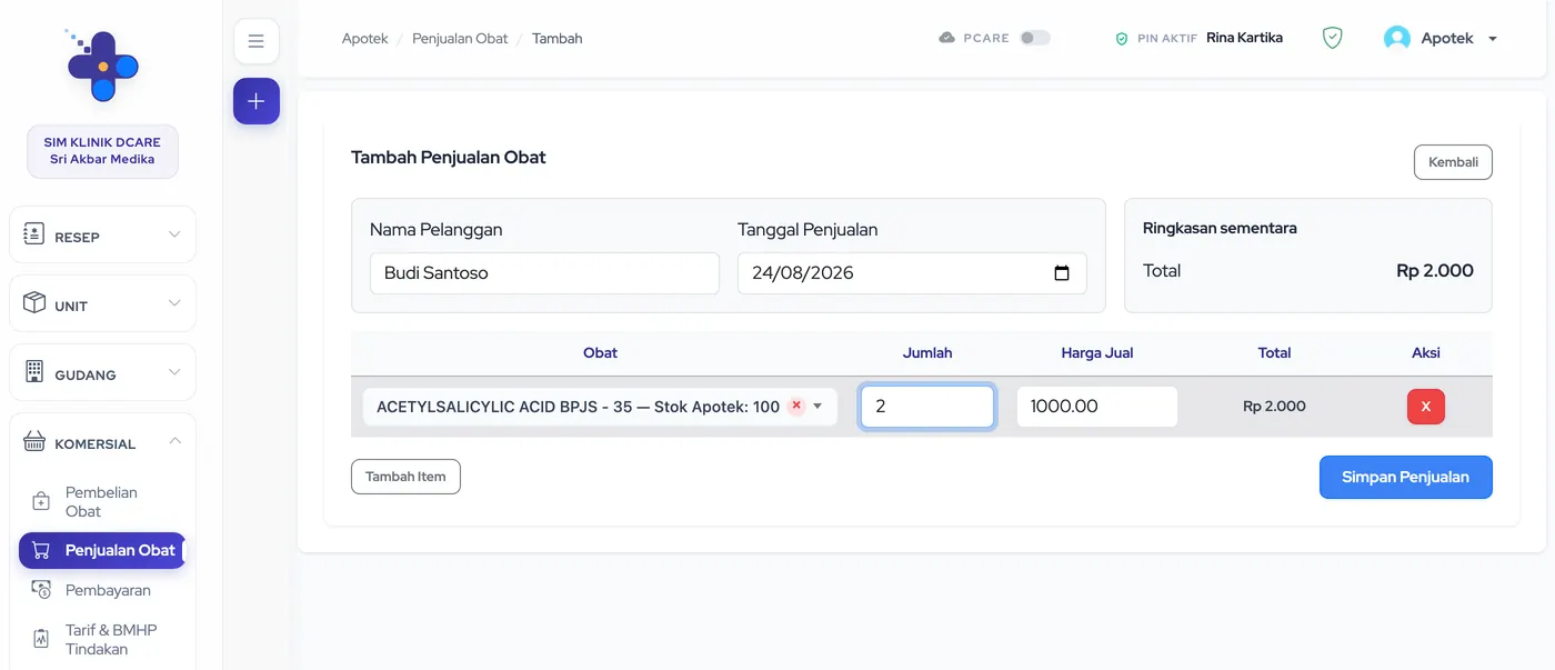 Form Tambah Penjualan Obat terisi satu item beserta ringkasan total