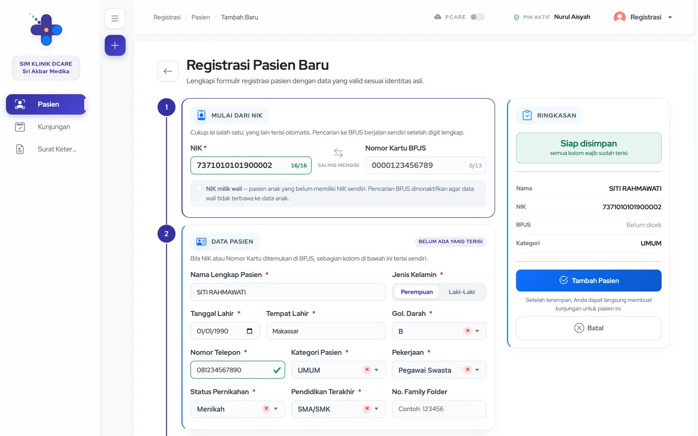 Formulir Registrasi Pasien Baru dengan NIK terisi